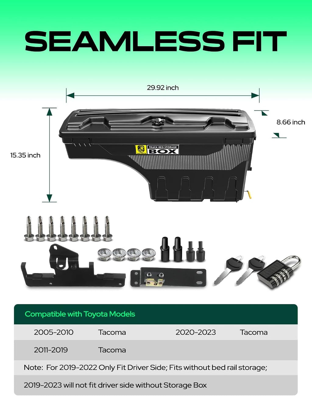 YHTAUTO Truck Bed Storage Tool Box Lockable Compatible with Toyota Tacoma 2005-2023, Passenger Side, 2019-2023 with Storage Box, Swing Waterproof Wheel Well Toolbox