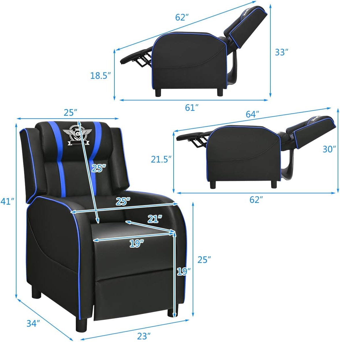 DORTALA Massage Gaming Chair for Adults, Adjustable Recliner Sofa w/Footrest and Massage Function, Adjustable Living Room Recliner, Home Theater Seating, PU Leather, 330LBS Weight Capacity, Blue