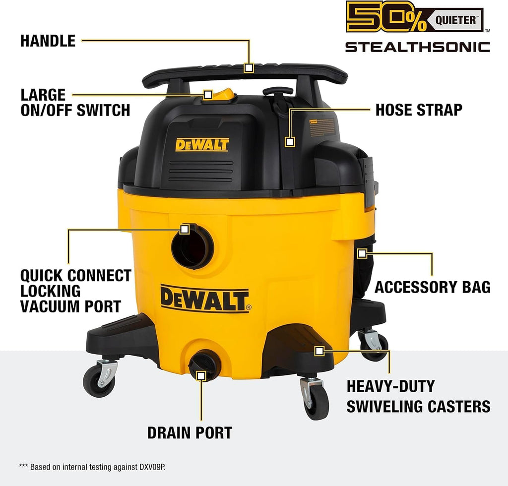 DEWALT 9 Gallon STEALTHSONIC Ultra Quiet Poly Shop Vacuum Wet/Dry, DXV09P-QTA Noise Reduction Vac for Shop, Heavy Duty Shop Vacuum