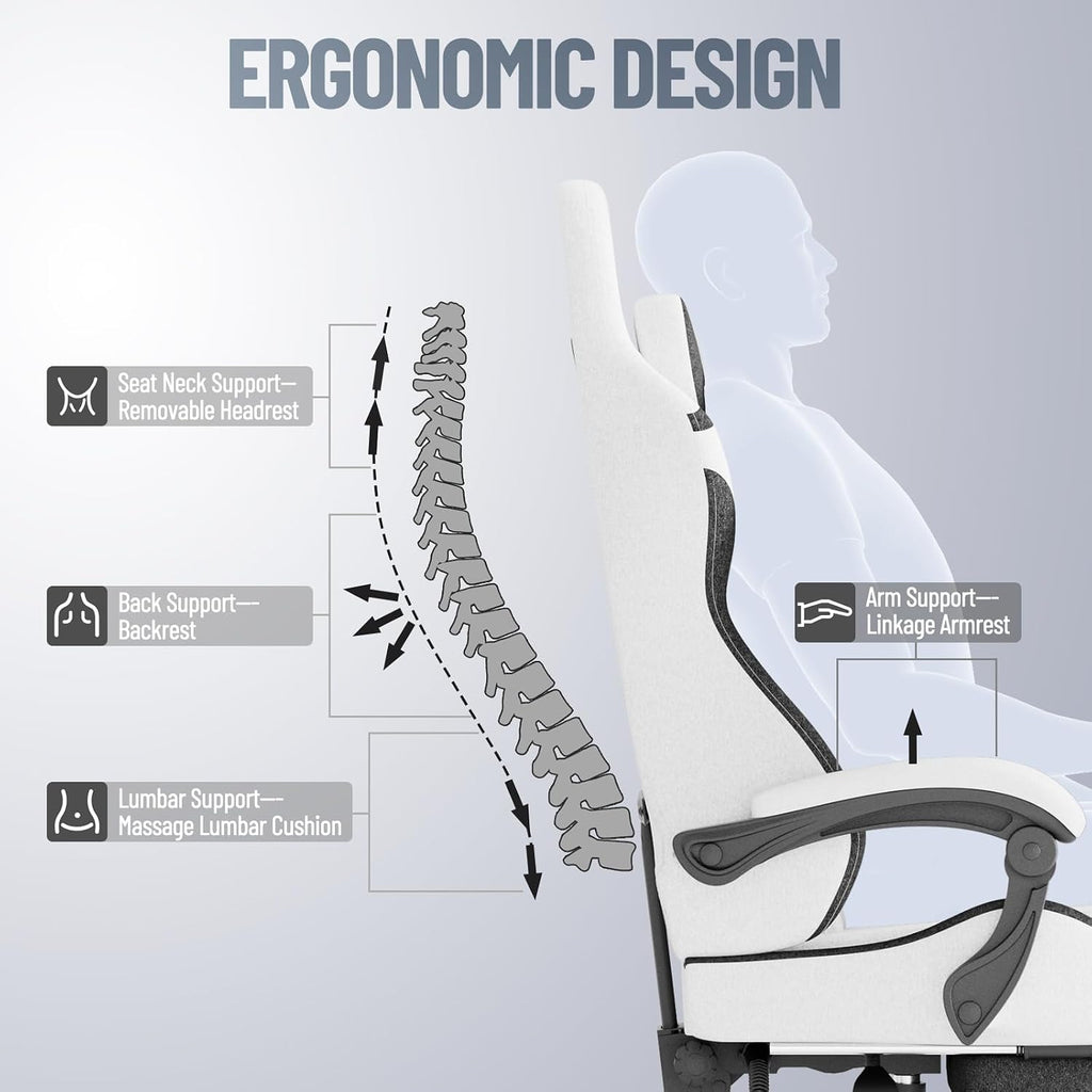 Ferghana Gaming Chair, Cloth Fabric Ergonomic Computer Chair with Massage Lumbar Support, High Back Office Game Chair with Footrest and Linkage Armrest for Adult, White/Black