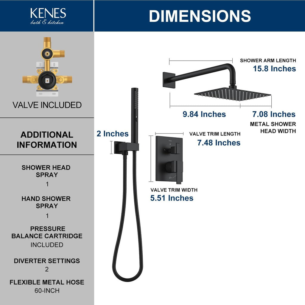 KENES Matte Black Rainfall Bathroom Shower System Rain Shower Head and Handle Set, Shower Faucet Set with 10-Inch Rain Showerhead and Handheld Spray, (Shower Valve Included), LJ-6026A-2