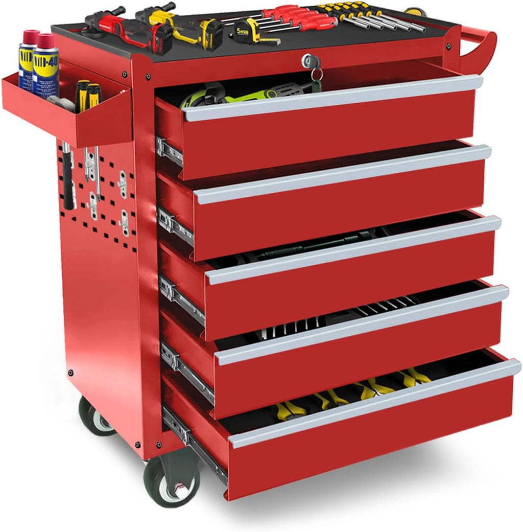 Rolling Tool Chest with Wheels, 5 Drawers Tool Storage Cabinet, Portable Metal Tool Box Organizer with Lock, Tool Cart on Wheels Toolbox Workbench for Garage, Workshop, Warehouse(Required Assembly)