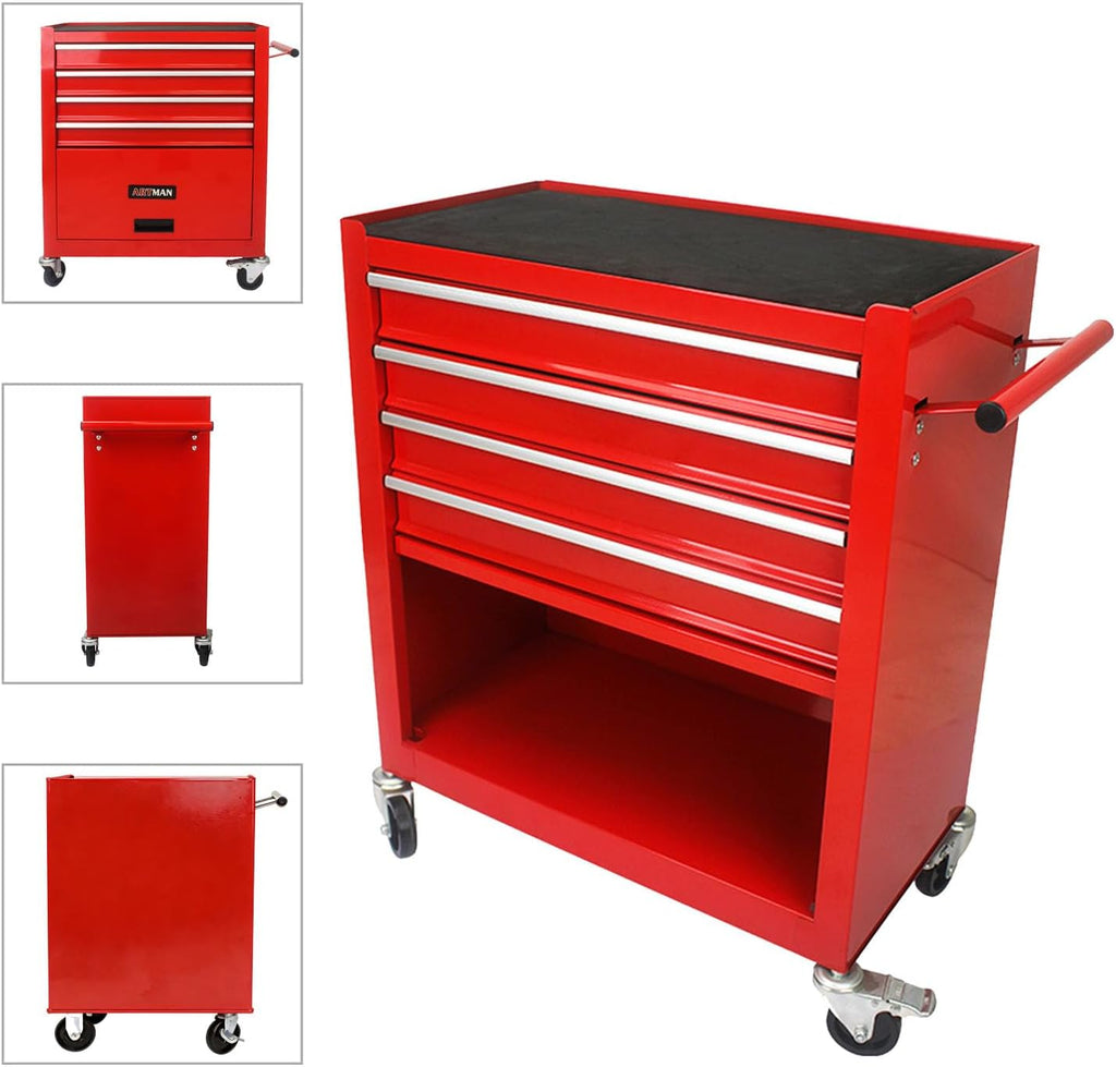 4-Drawer Tool Cart on Wheels, Drawers Rolling Tool Chest with 1 Cabinet, Mobile Trolley Organizer Tools Box with Locking Wheels & Ball Bearing Drawers for Garage,Warehouse,Repair Shop (Red)