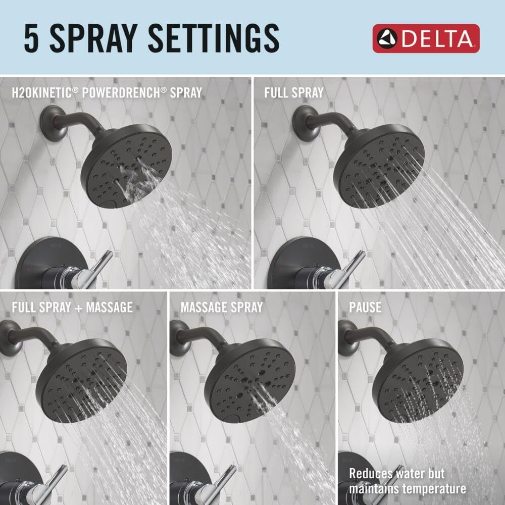 Delta Nicoli 14 Series H2Okinetic Shower Faucet Set, Matte Black/Chrome Shower Head and Handle Set, Valve Trim Kit, Matte Black/Chrome 142749-CS (Shower Valve Included)