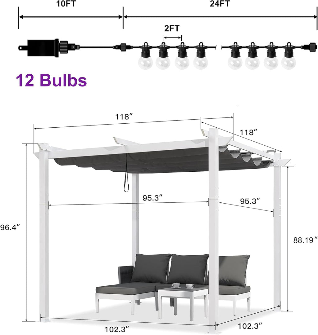 PURPLE LEAF 10' x 13' Outdoor Retractable Pergola with Light Aluminum Patio White Pergolas with Double Sun Shade Canopy for Gardens Deck Backyard, Grey