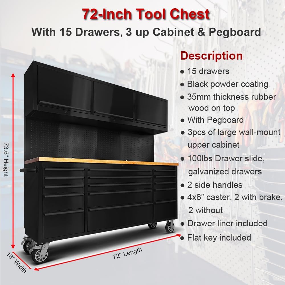 2 Pack - 72' Rolling Tool Chest with 15 Drawers + 3 Upper Cabinets, Mobile Workbench, Assembled Large Tool Box Lockable Storage Cabinet with Wheels (1 × HTC7218PC + 1 × HTC7215PC-1)