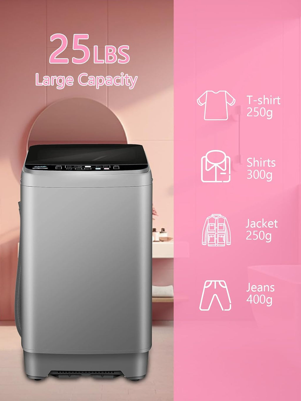 KRIB BLING Full Automatic Washing Machine with LED Display, 25 lbs Portable Washer Drain Pump, 10 Programs & 8 Water Levels Selections, Ideal for RV, Camping, Apartment, Dorm, Dark Grey