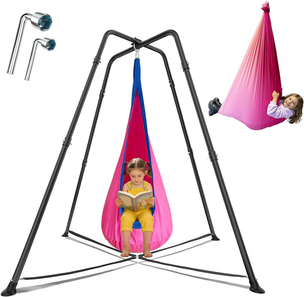 Swing Stand Frame with Sensory Pod Swings and Chair,X-Shaped Swing Set,Heavy-Duty Metal Hammock Chair Stand, Indoor Outdoor 330LBS(Pink)
