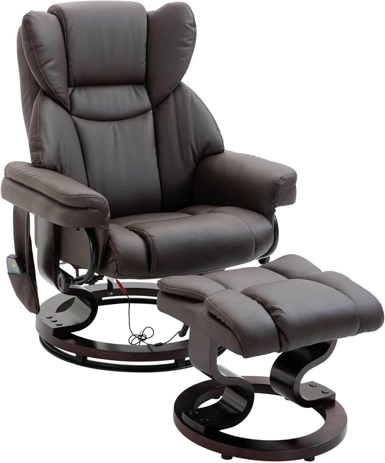 HOMCOM Massage Recliner Chair with Ottoman Footrest, 10 Vibration Points, 360° Swivel Reclining Chair, Faux Leather Living Room Chair with Side Pocket and Remote Control, Brown