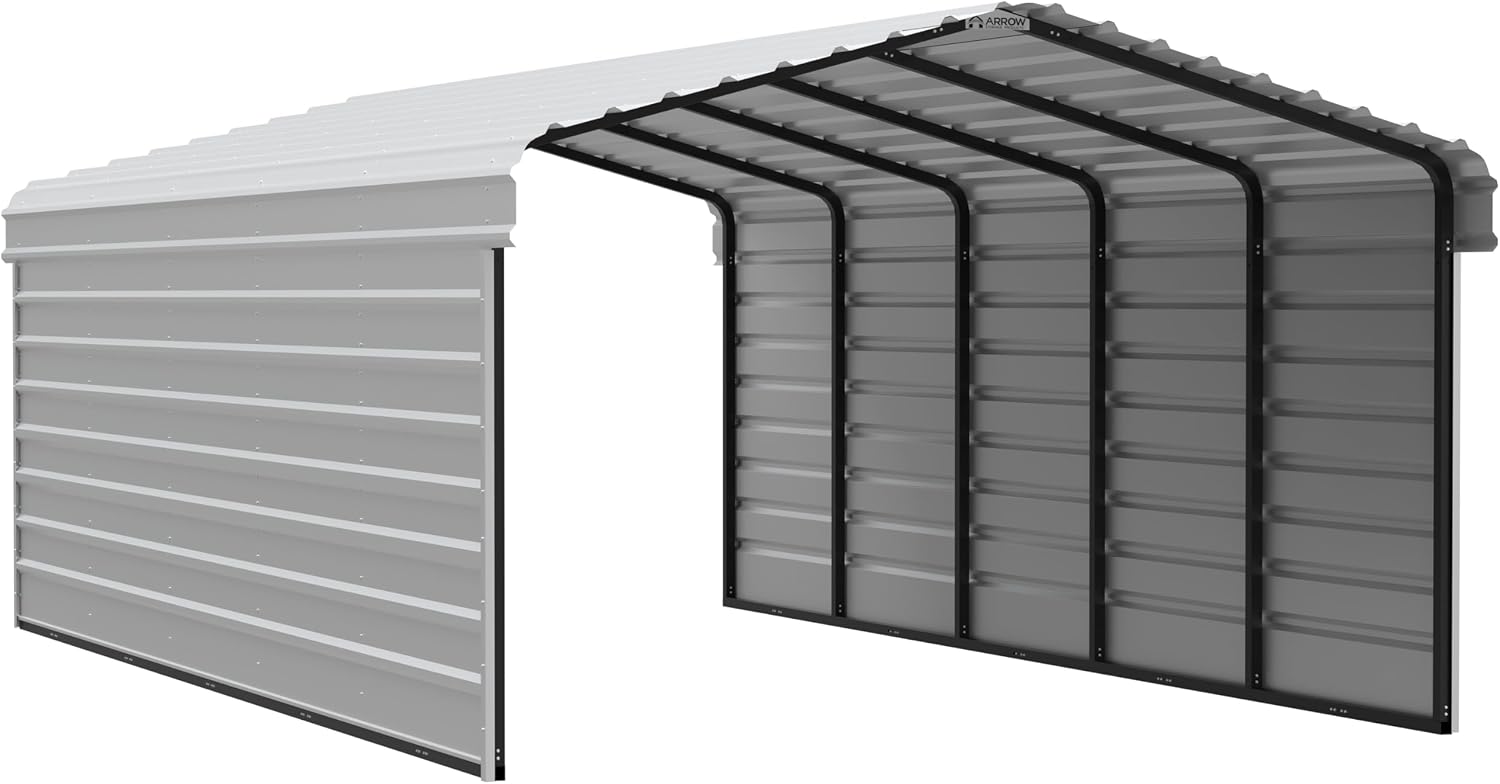 Arrow Carports Galvanized Steel Carport, with 2-Sided Enclosure, Compact Car Metal Carport Kit, 12' x 24' x 7', Eggshell