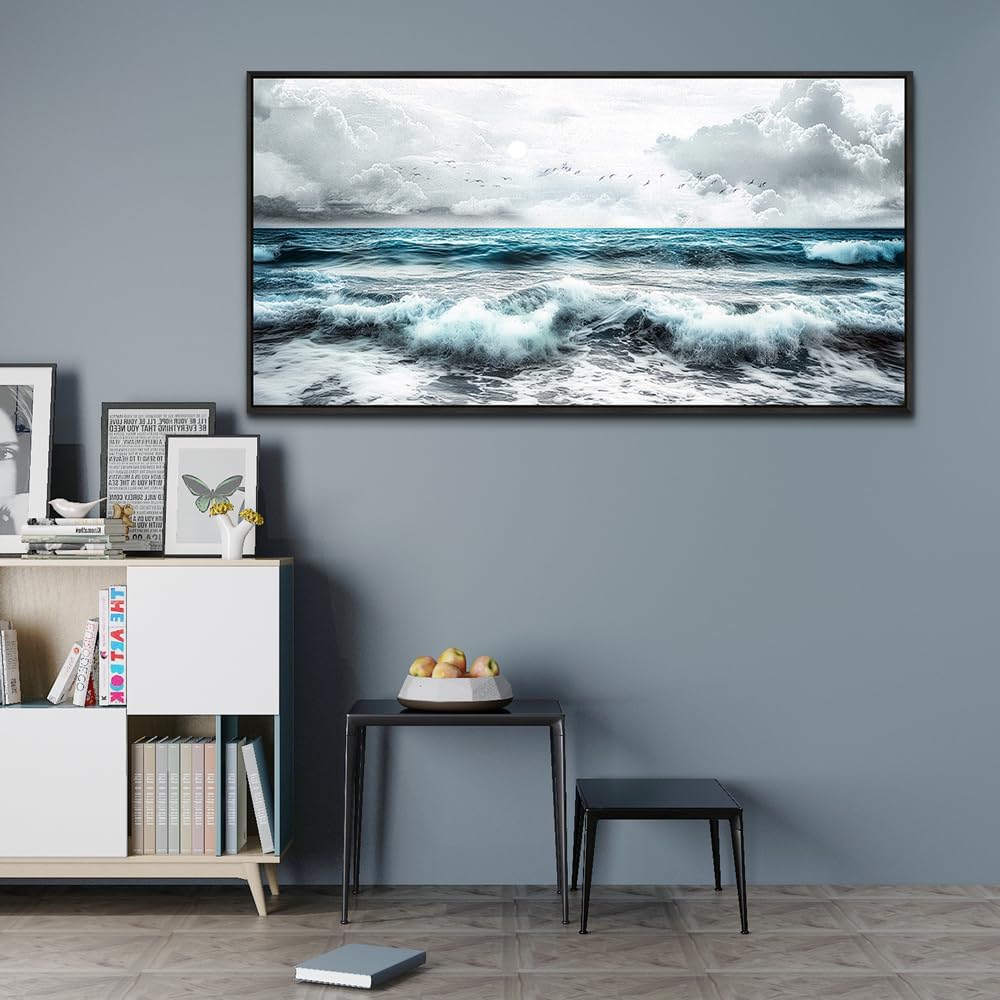 ERQINHUA Black And White Beach Wall Painting Large Canvas Wall Art For Living Room Wall Decor For Bedroom Office Wall Decor Blue Sea Wave Pictures Artwork Hotel Home Decor Black Framed 30x60 In