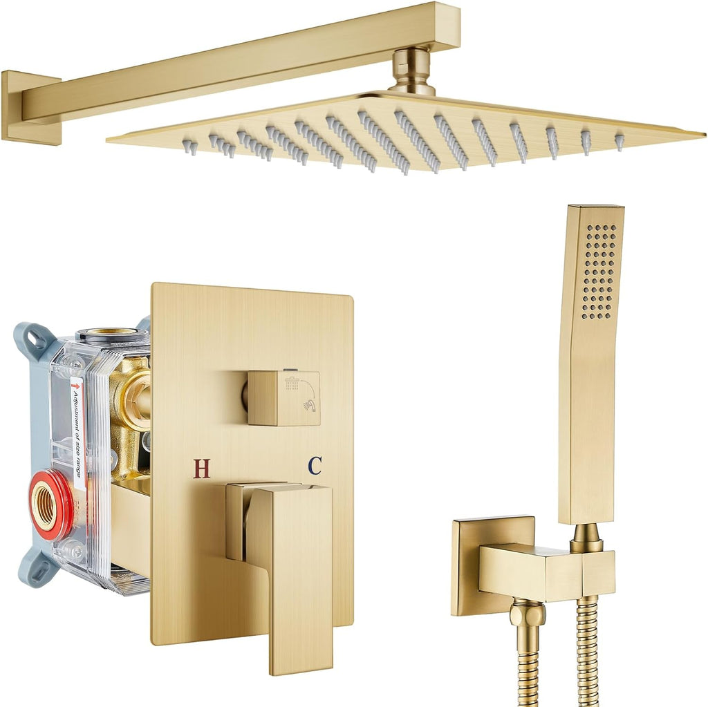 gotonovo Rainfall Bathroom Shower System Rain Shower Head and Handle Set Wall Mounted Shower Complete Combo Solid Brass Pressure Balancing Shower Mixer Valve 12 Inch Brushed Gold