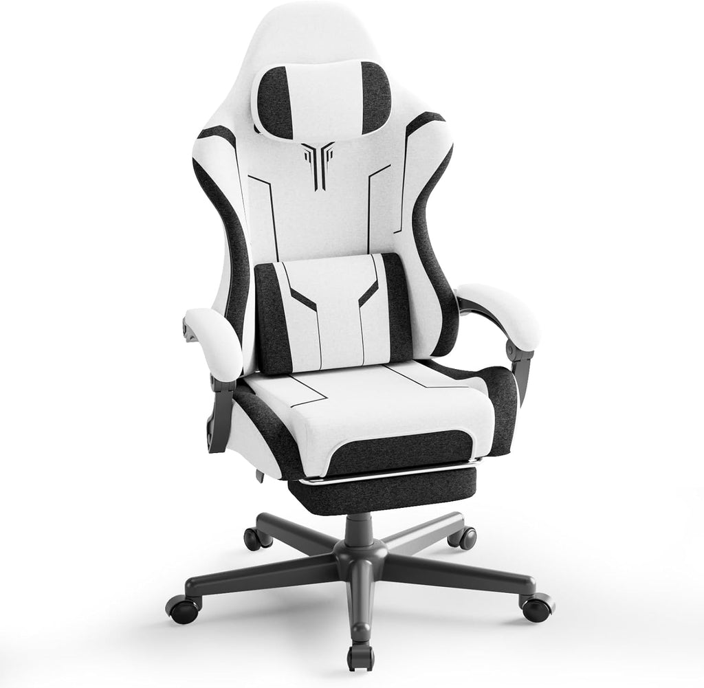 Ferghana Gaming Chair, Cloth Fabric Ergonomic Computer Chair with Massage Lumbar Support, High Back Office Game Chair with Footrest and Linkage Armrest for Adult, White/Black