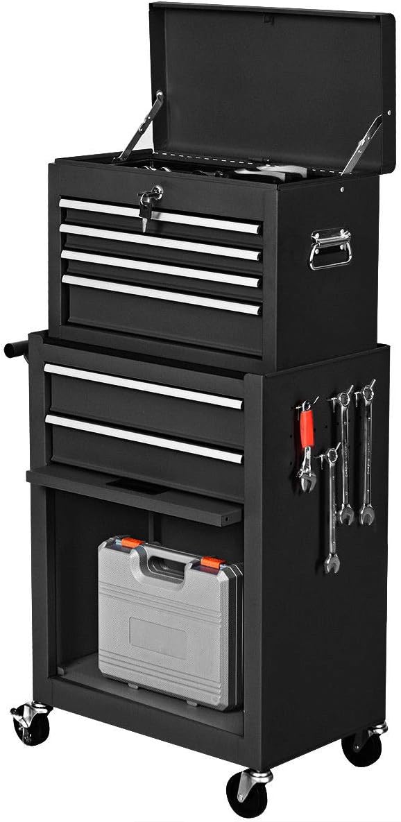 COSTWAYUS Tool Chest COSTWAY 2-in-1-Rolling-Cabinet-Storage-Chest-Box-Garage-Toolbox-Organizer-w-6-Drawers, Black
