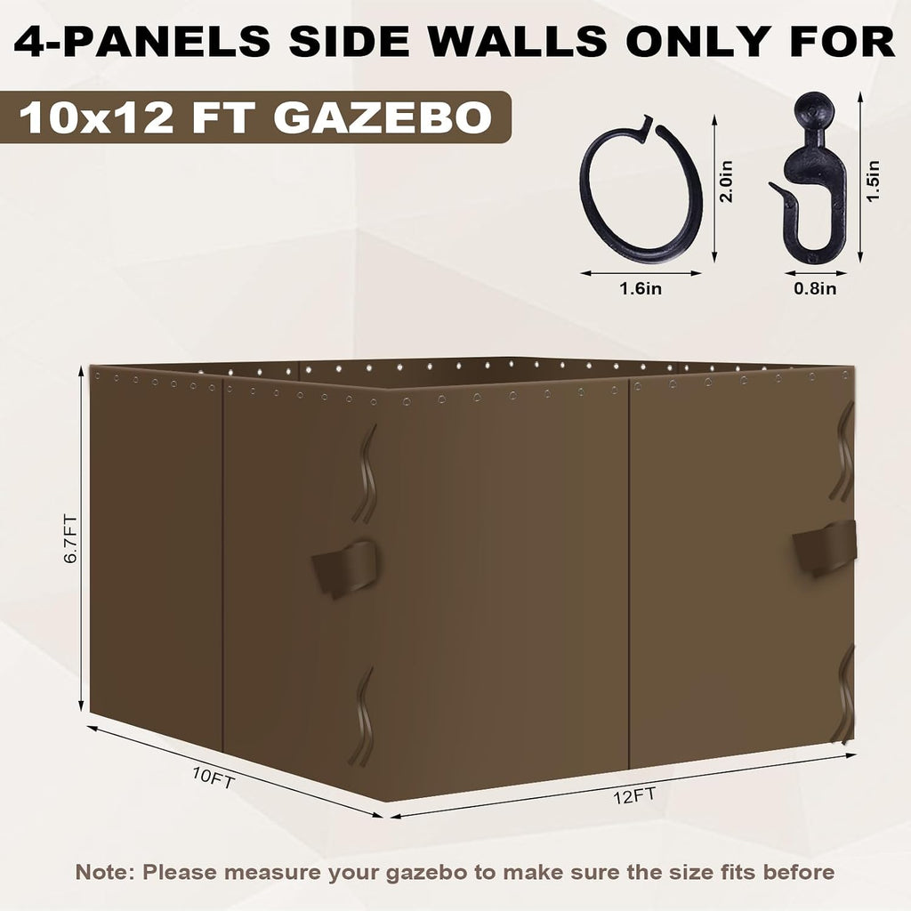 slashome 12'x12' Gazebo Curtains Outdoor Waterproof, Brown Universal Replacement Curtain 4-Panels, Sidewalls with Zipper for Garden, Patio, Yard (Only Curtains)