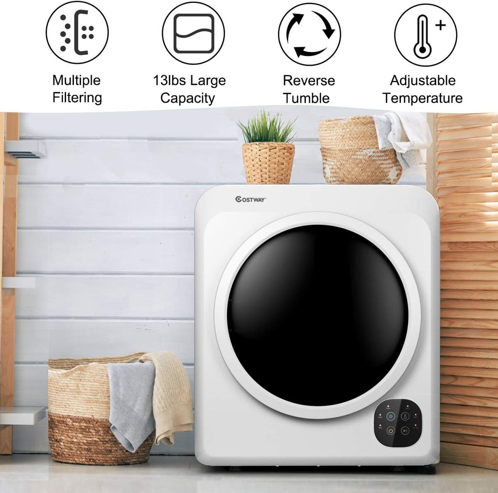 COSTWAY 1700W Electric Portable Clothes Dryer, 13.2 lbs Capacity Front Load Compact Tumble Laundry Dryer with Stainless Steel Tub, Easy Control Button Panel Downside for Variety Drying Mode, White