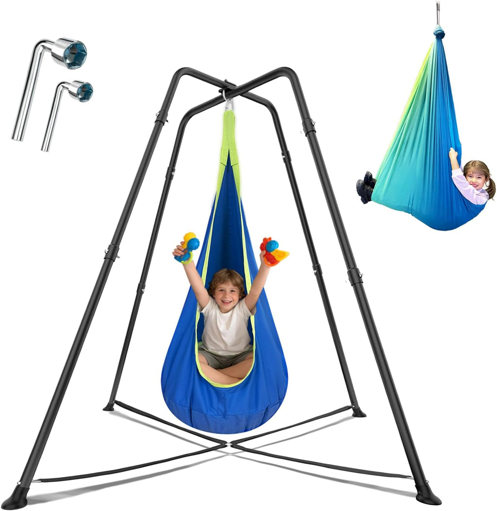 Swing Stand Frame with Sensory Pod Swings and Chair,X-Shaped Swing Set，Heavy-Duty Metal Hammock Chair Stand，Kids & Adults, Indoor Outdoor 330LBS(Blue)