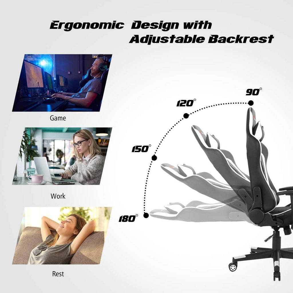 POWERSTONE Gaming Chair, Gaming Recliner with Adjustable Armrest Massage Lumbar Pillow Wide Cushion Ergonomic Office Computer Chair for Adults, White