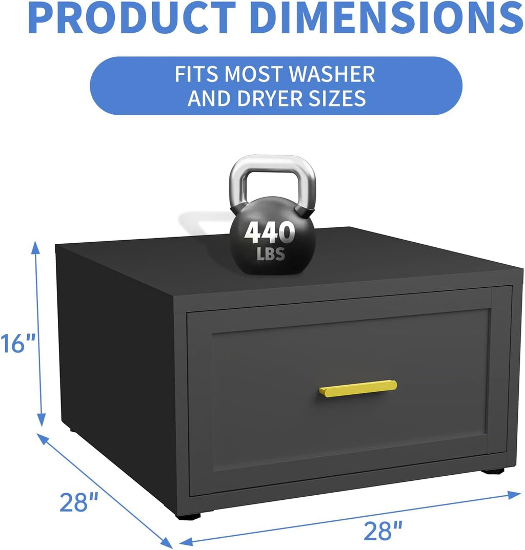 Heavy Duty Metal Washer Dryer Pedestal, 28' W Washer Pedestal with Drawer, 440LBS Universal Laundry Pedestal, Washing Machine Stand with Adjustable Feet, 16'' Height (1pack-Black)