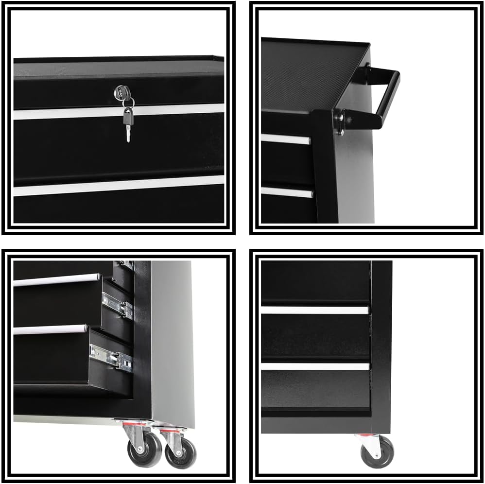 Black 5 Drawer Rolling Tool Cart - Lockable Home Repair Tool Storage Organizer with Wheels for Mechanic Garage, Workshop & Home Crafts Use