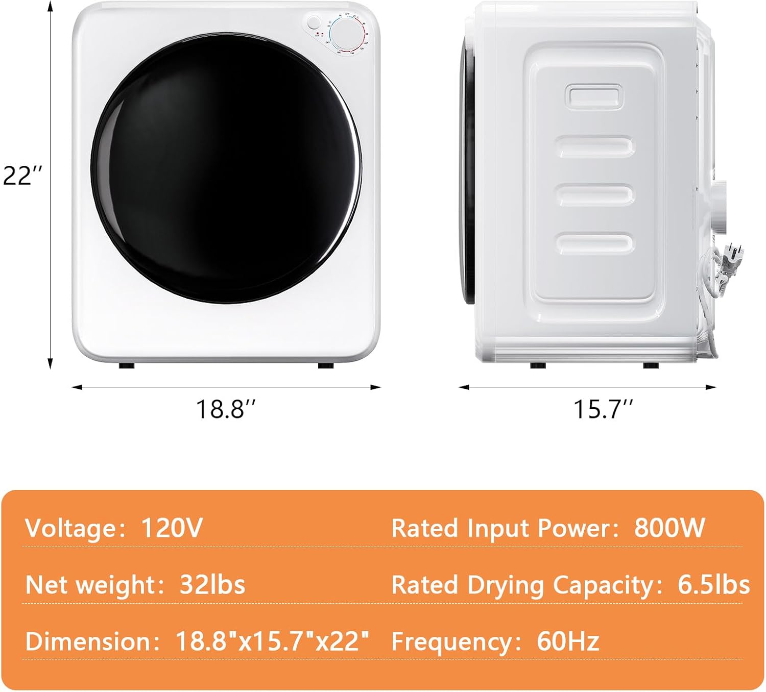 DOGHLY 120V Portable Electric Clothes Dryer, 800W Compact Laundry Dryer, Easy Control, 1.8 Cu.Ft Front Load Stainless Steel Electric Dryers Machine with Simple Control Knob for Apartment, RV, Dorm