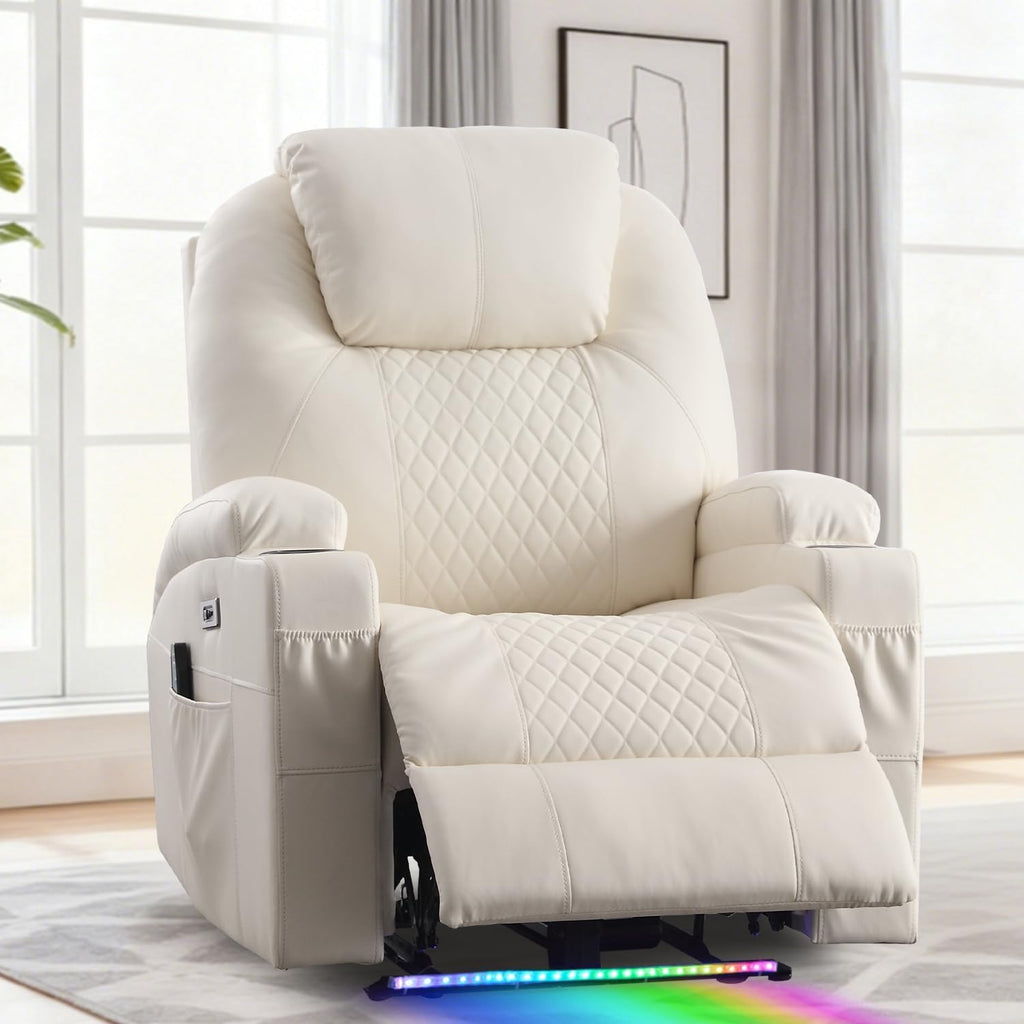 Power Recliner Chair with Heat and Massage for Adults - Home Theater Seating with LED Lights,Cup Holders,Side Pocket,USB Port - Recliner Sofa for Living Room (Beige, Single Recliner)