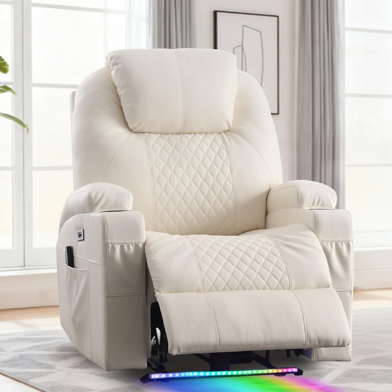 Power Recliner Chair with Heat and Massage for Adults - Home Theater Seating with LED Lights,Cup Holders,Side Pocket,USB Port - Recliner Sofa for Living Room (Beige, Single Recliner)