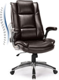 COLAMY Leather Executive Office Chair - High Back Home Computer Desk Chair with Padded Flip-up Arms, Adjustable Tilt Lock, Swivel Rolling Ergonomic Chair for Adult Working Study, Brown