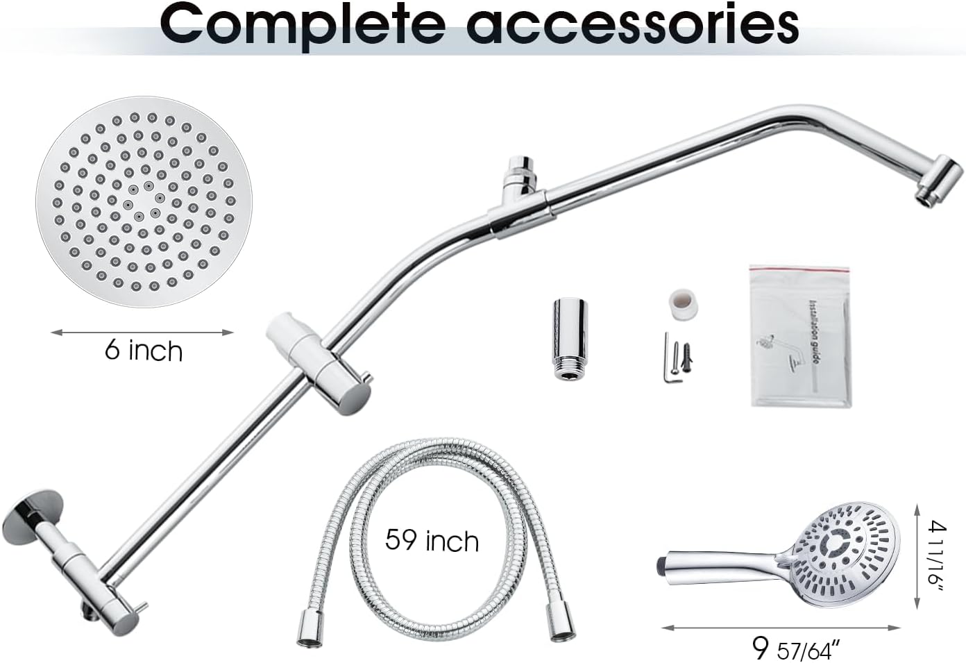 BRIGHT SHOWERS Rain Shower Head Combo with Solid Brass Slide Bar & Diverter, Dual High Pressure Shower Heads with 5-Setting Handheld, Adjustable Height, 60' Stainless Hose, Brushed Nickel