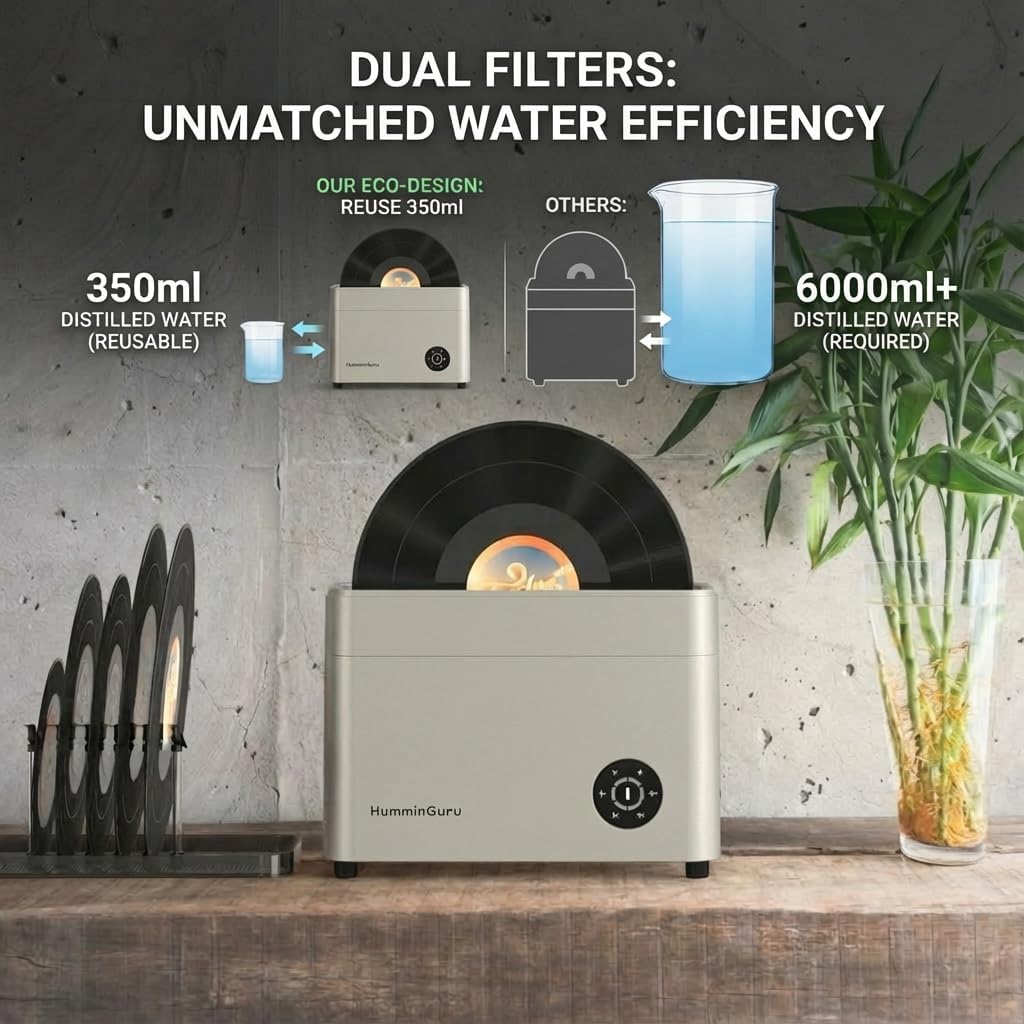 HumminGuru Ultrasonic Vinyl Record Cleaner- 40kHz Ultrasonic Vinyl Record Cleaning Machine with Auto Drying, Vinyl Record Cleaner Kit with Filters, 1Y Warranty (NOVA White Sand, 7/10/12 Inch)