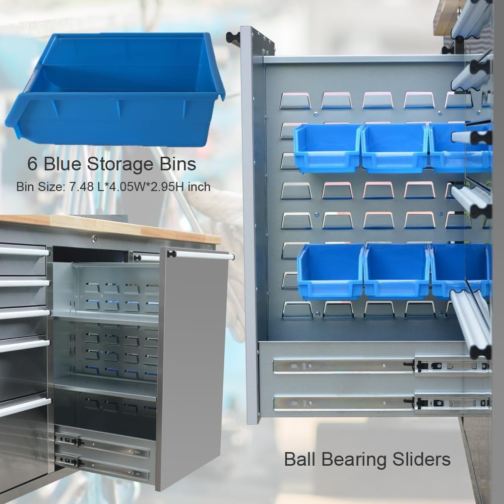 AnorTrek 72 inch Stainless Steel Tool Chest with 11 Drawer & 3 Up Cabinet & Pegboard, Large Lockable Mobile Workbench with 6 Blue Storage Bins, Rolling Tool Cabinet for Garage, Workshop