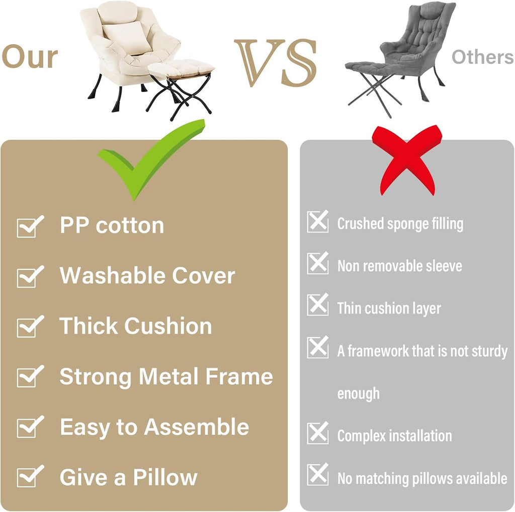 Lvory Lazy Chair with Ottoman, Large Velvet Accent Chair with a Throw Pillow, Comfy Leisure Sofa Chair for Living Room Bedroom Dorm Room Office Apartment Reading Relaxing Use