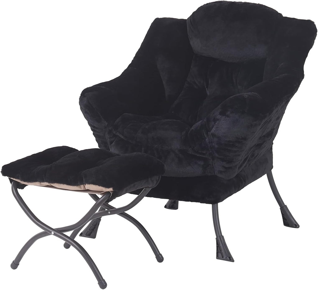 Welnow Lazy Chair with Ottoman, Modern Accent Chair with Armrests and a Side Pocket, Leisure Sofa Armchair, Reading Armchair with Footrest for Small Space, Plush Black