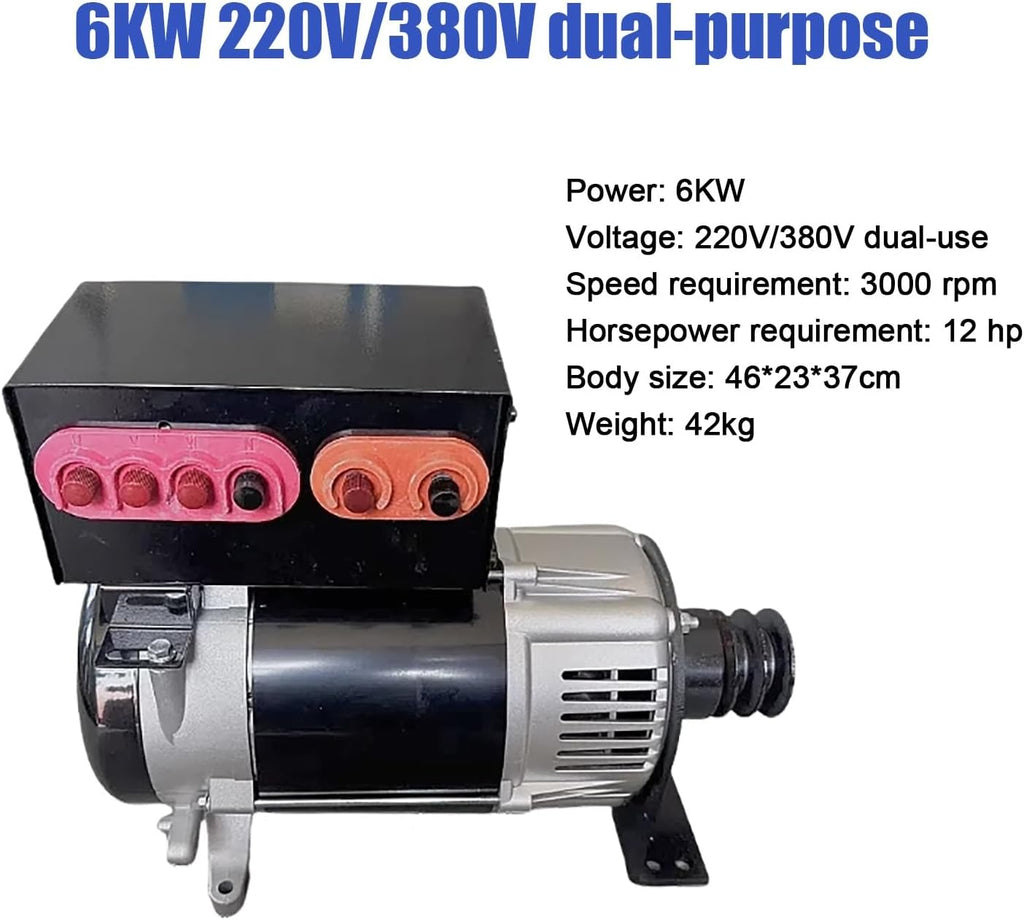 5KW-10KW Portable Generator for Home - Gas & Diesel, 220V Single/380V Three-Phase, Dual-Purpose, Pure Copper Coil, Includes Pulley & Junction Box (6KW)
