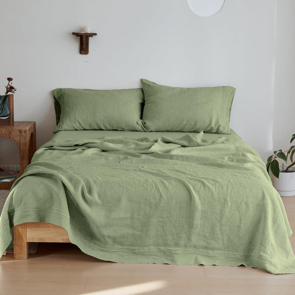 Simple&Opulence 100% Linen Sheet Set 4 Pieces Natural France Flax Bed Sheet (1 Flat Sheet, 1 Fitted Sheet, 2 Pillowcases) Breathable Luxury Hotel Bedding - Embroidery Sage Green, Queen Size