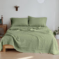 Simple&Opulence 100% Linen Sheet Set 4 Pieces Natural France Flax Bed Sheet (1 Flat Sheet, 1 Fitted Sheet, 2 Pillowcases) Breathable Luxury Hotel Bedding - Embroidery Sage Green, Queen Size