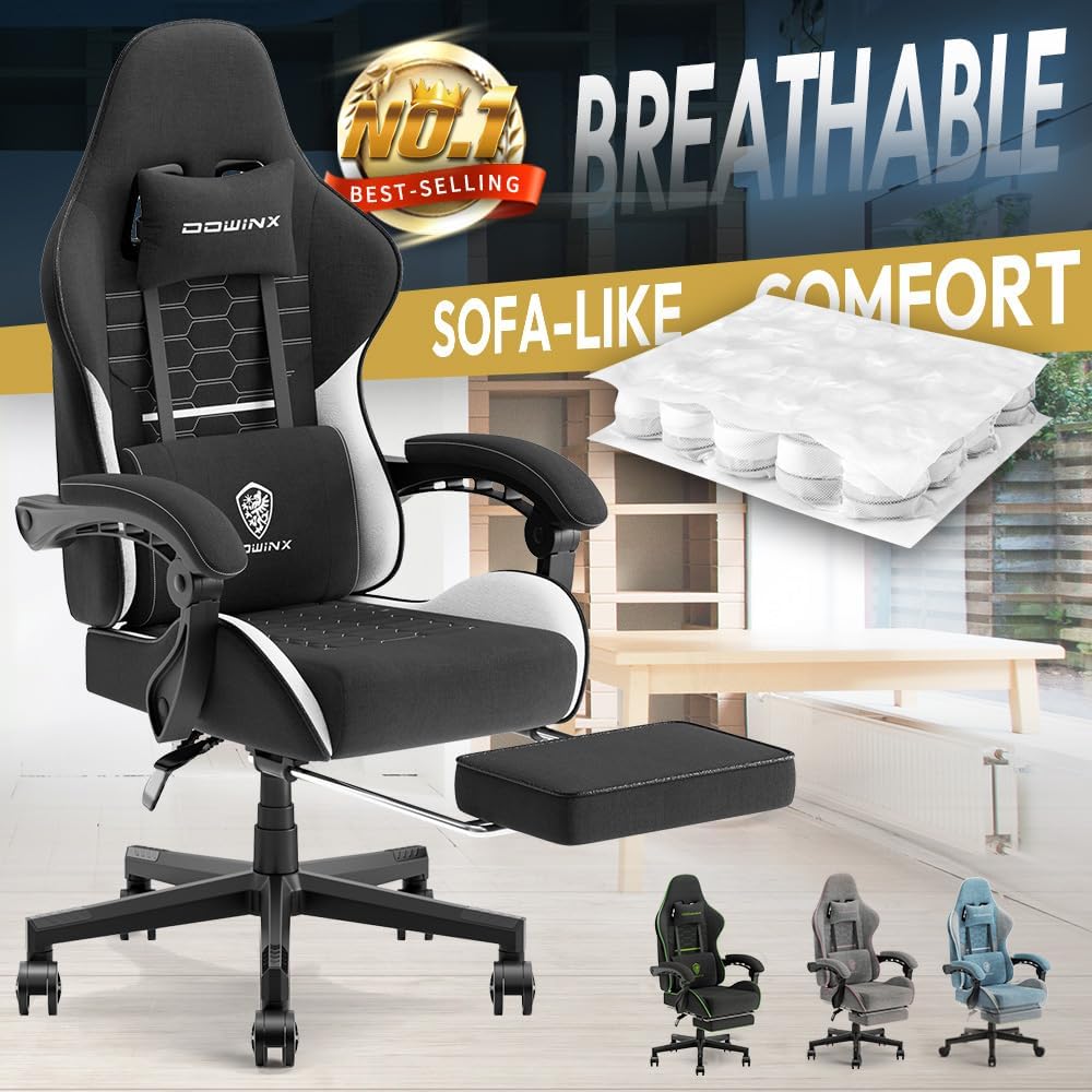 Dowinx 5TE8 Gaming Chair Fabric with Pocket Spring Cushion, Massage Game Chair Cloth with Headrest, Ergonomic Computer Chair with Footrest 290LBS