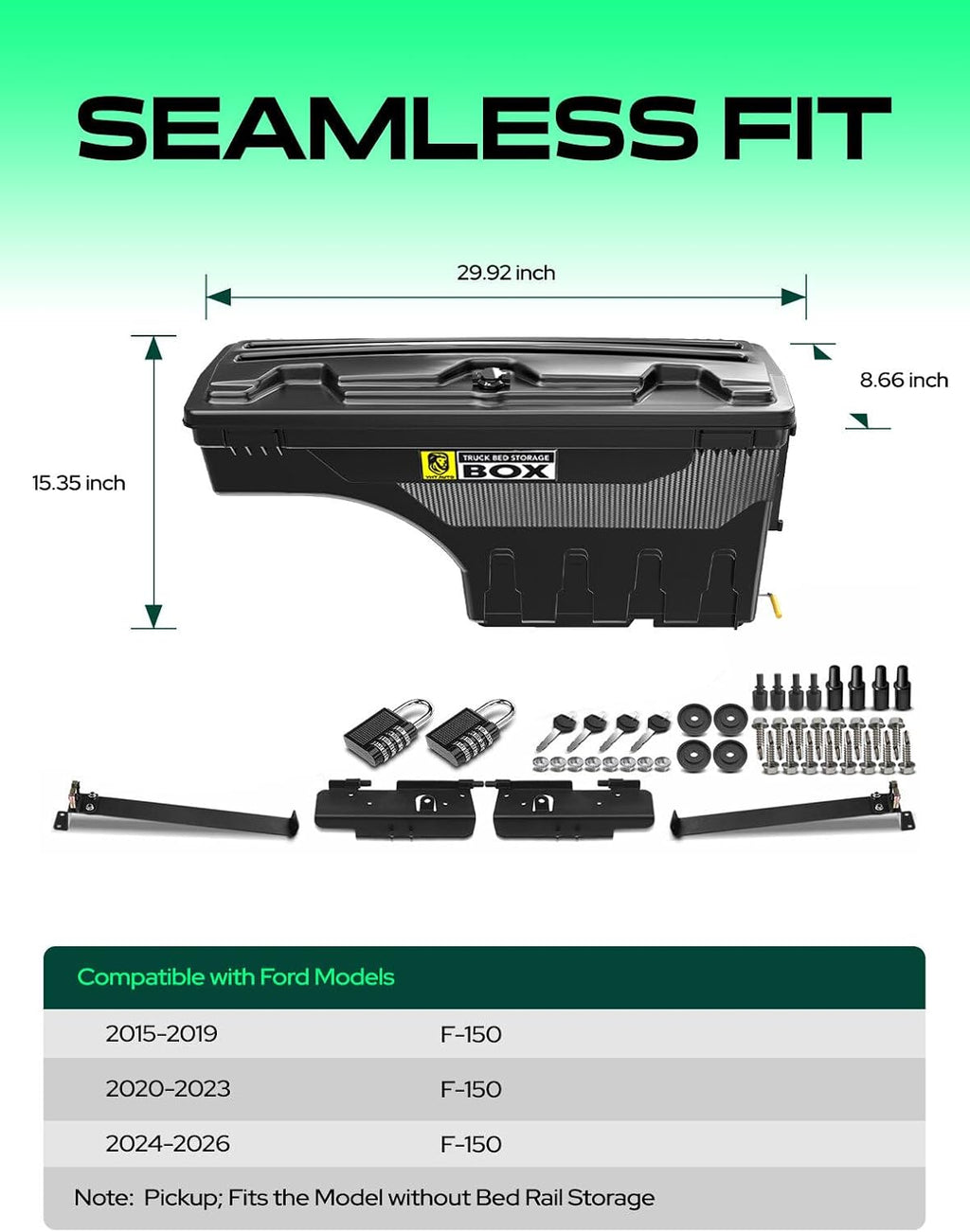 YHTAUTO Set of 2 Truck Bed Storage Tool Box Lockable Compatible with 2015-2026 Ford F-150, Without Bed Rail Storage, Swing Waterproof Wheel Well Toolbox