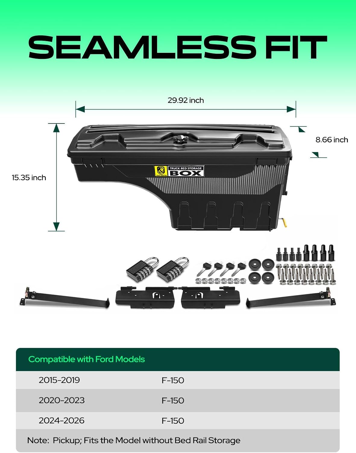 YHTAUTO Set of 2 Truck Bed Storage Tool Box Lockable Compatible with 2015-2026 Ford F-150, Without Bed Rail Storage, Swing Waterproof Wheel Well Toolbox