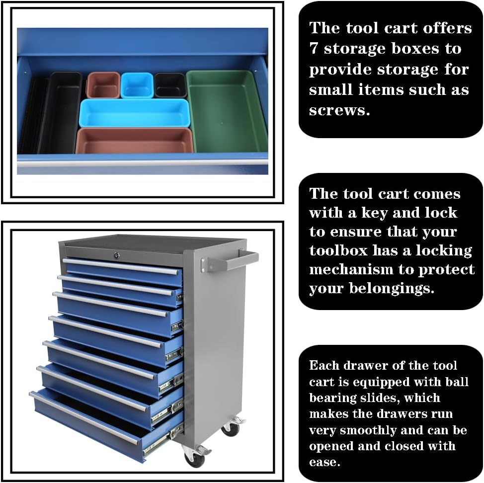 7 Drawer Rolling Tool Cart, Rolling Tool Box on Wheels, Lockable Home Repair Tool Storage Organizer, Tool Chest Cabinet for Mechanic Garage, Workshop, Home Crafts Use (Blue+Grey, 7 Drawer)