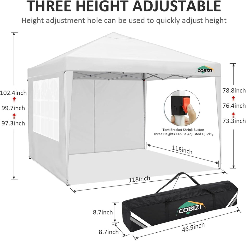COBIZI 10x10 Pop Up Canopy Tent with 4 Sidewalls Party Tents Waterproof UPF 50+ Commercial Instant Outdoor Events Tent for Parties Markets Backyard, Ropes（10 x 10 ft White