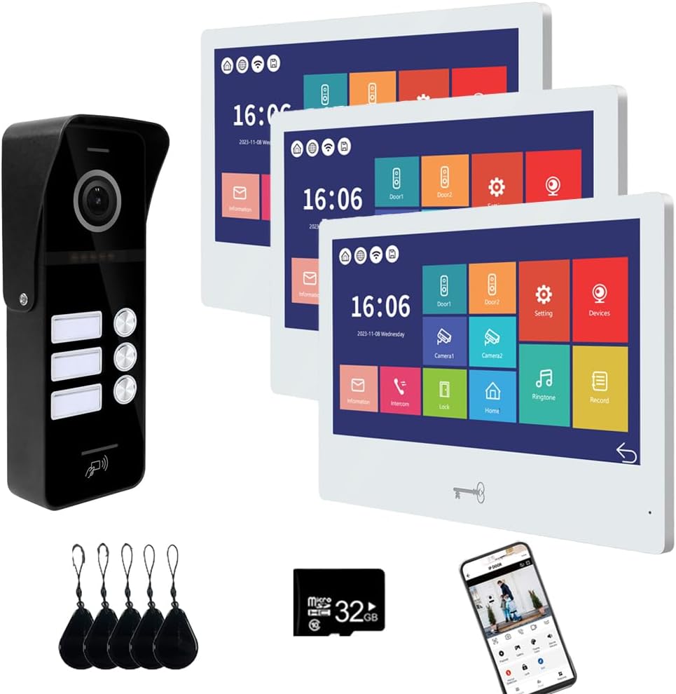 Wired Video Doorbell Apartment Intercom System 3 Units 10 Inches Touch Monitor Wireless WiFi 1080P Camera Phone Kit,Support Monitoring,Unlock for Home Villa (1 Black doorbell+3white Monitor)
