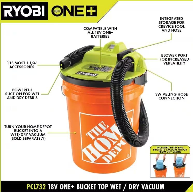 RYOBI ONE+ 18V Cordless 5 Gal. Wet/Dry Vacuum Kit with 1-1/4 in. Hose, Crevice Tool, 4.0 Ah Battery, and Charger