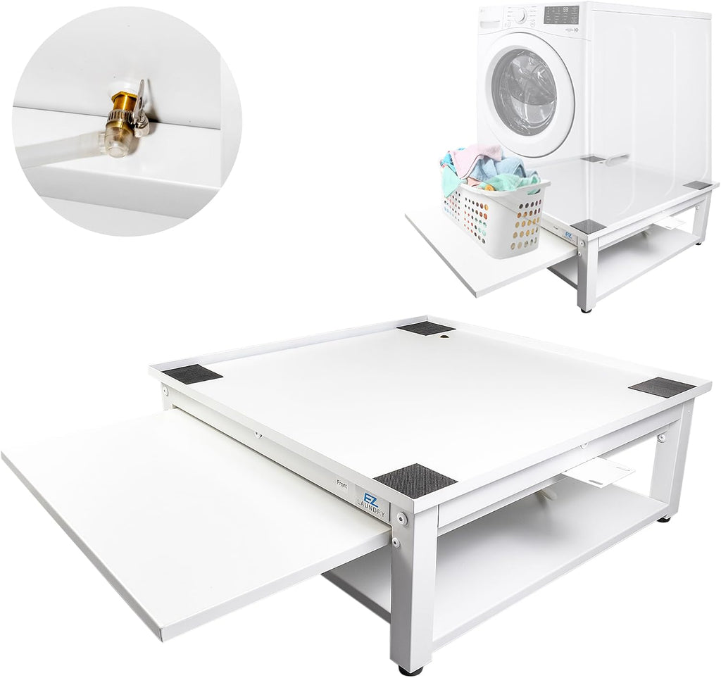 Washer and Dryer Pedestal with Pullout-Shelf - 24' W, 10' H, White Steel Universal Fit with Major Brands | Laundry Pedestal with Drain Pan & Hose | Washer Stand for Back Pain Relief, 800 lbs Capacity