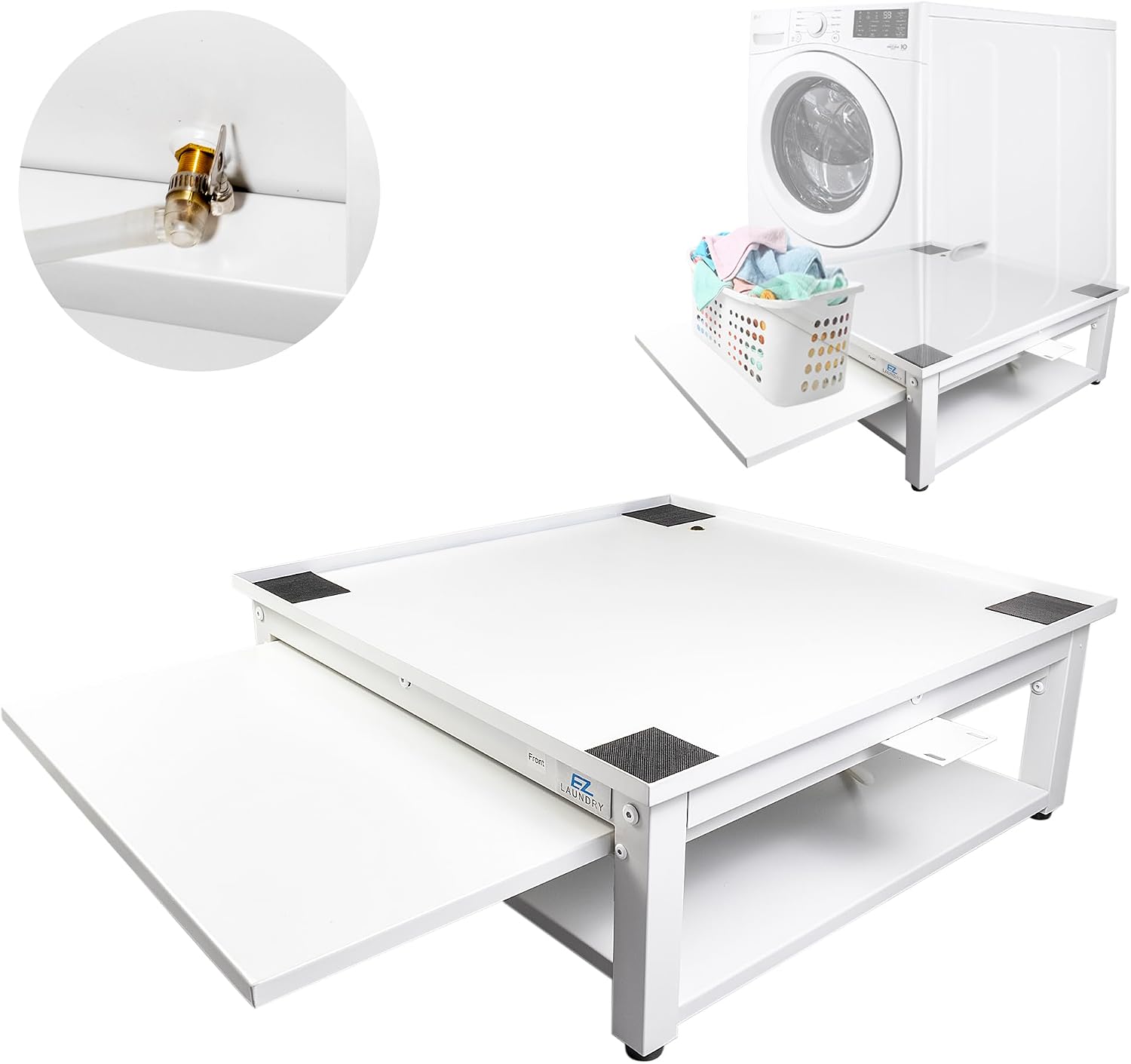 Washer and Dryer Pedestal with Pullout-Shelf - 24' W, 10' H, White Steel Universal Fit with Major Brands | Laundry Pedestal with Drain Pan & Hose | Washer Stand for Back Pain Relief, 800 lbs Capacity