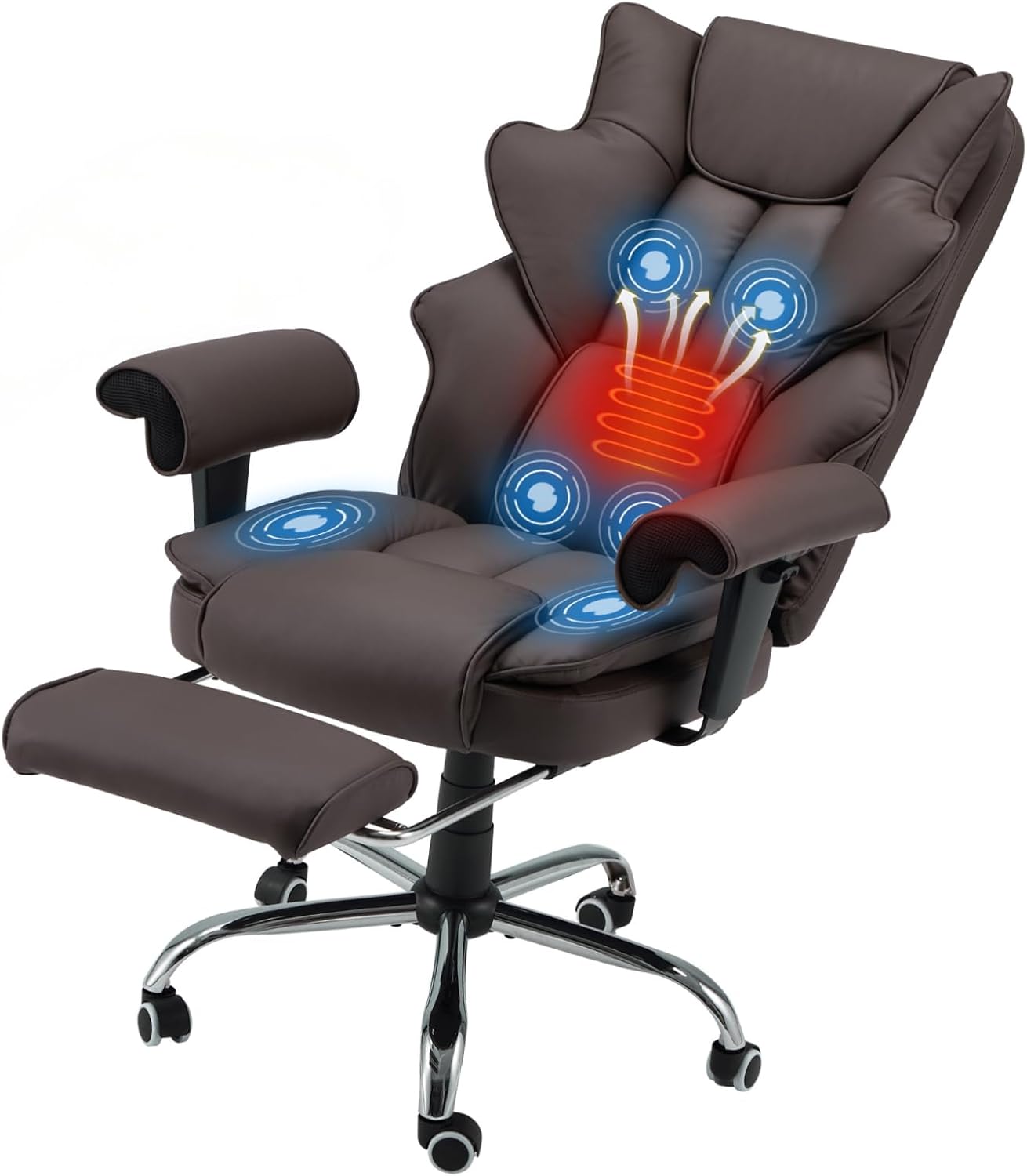 HOMREST Brown Ergonomic Office Chair with 6-Point Vibration Massage & Heat – Reclining Executive Chair with Adjustable Footrest and Armrests, PU Leather Big and Tall Home Office Desk Chair