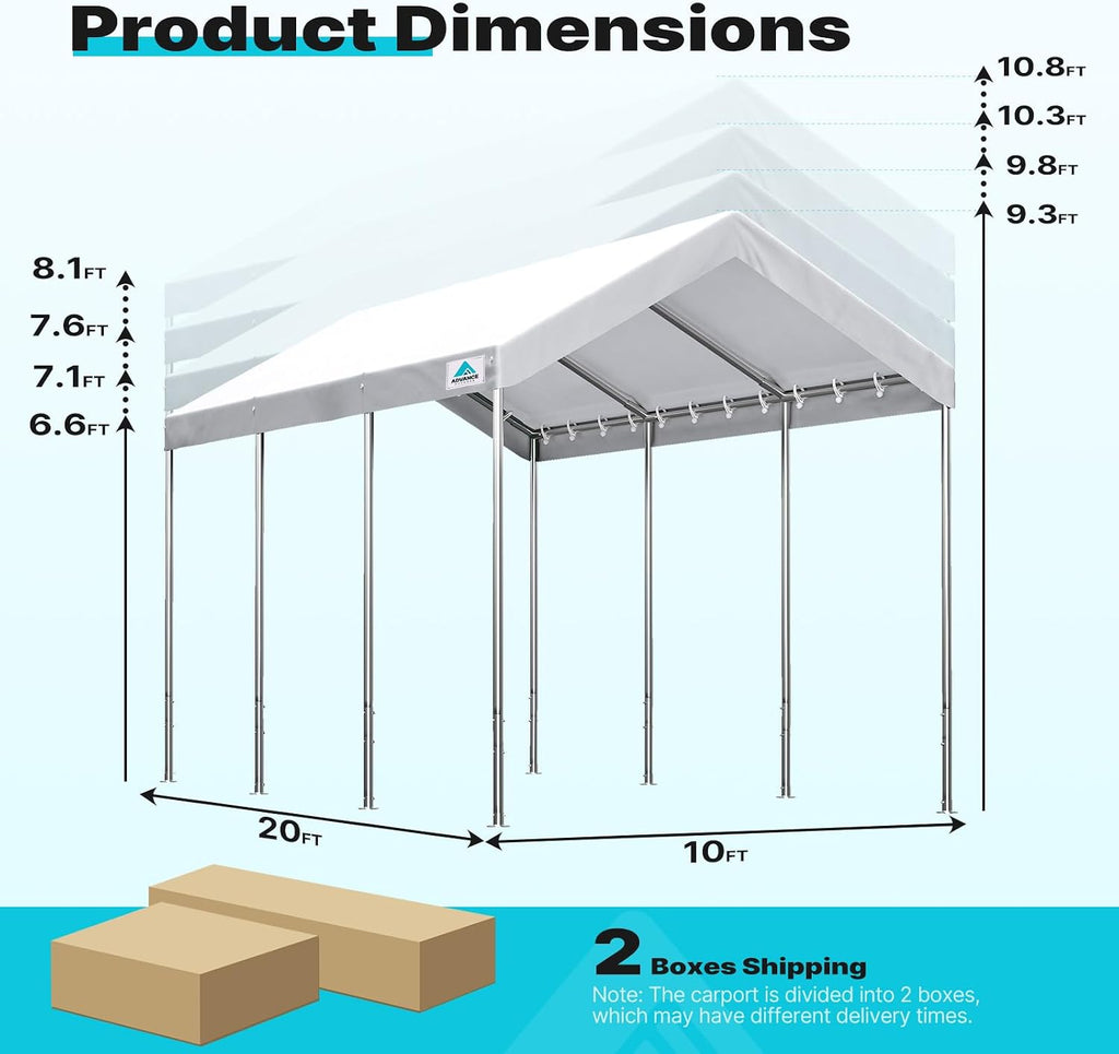 ADVANCE OUTDOOR 10x20 ft Heavy Duty Carport Potable Car Canopy Garage Party Tent Boat Shelter, Adjustable Height from 9.5 ft to 11 ft, White