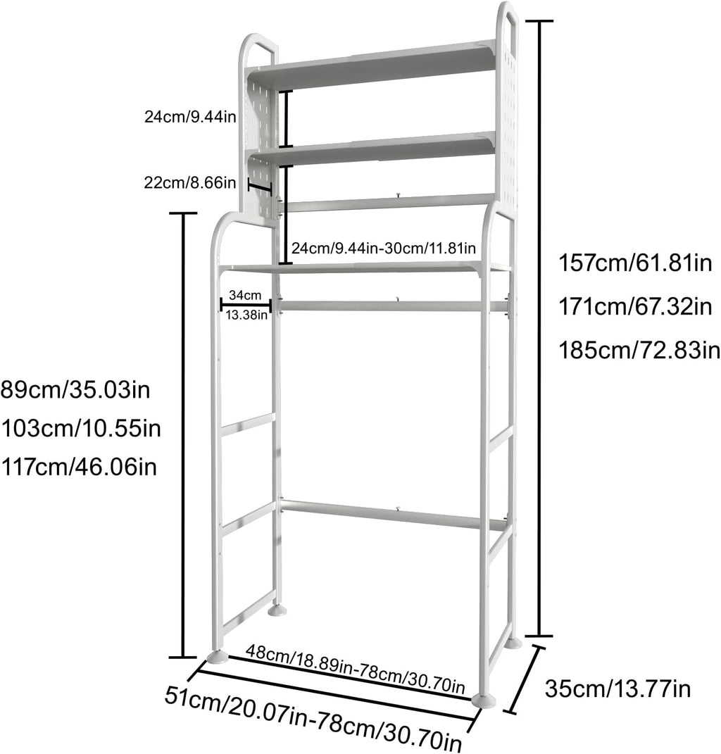 Over Washer Storage, 3 Tier Expandable Washer and Dryer rack, Laundry Room Storage Over Toilet Washing Machine and Dryer Storage Rack Bathroom Organization with Pigboard and Hook( Color : White )