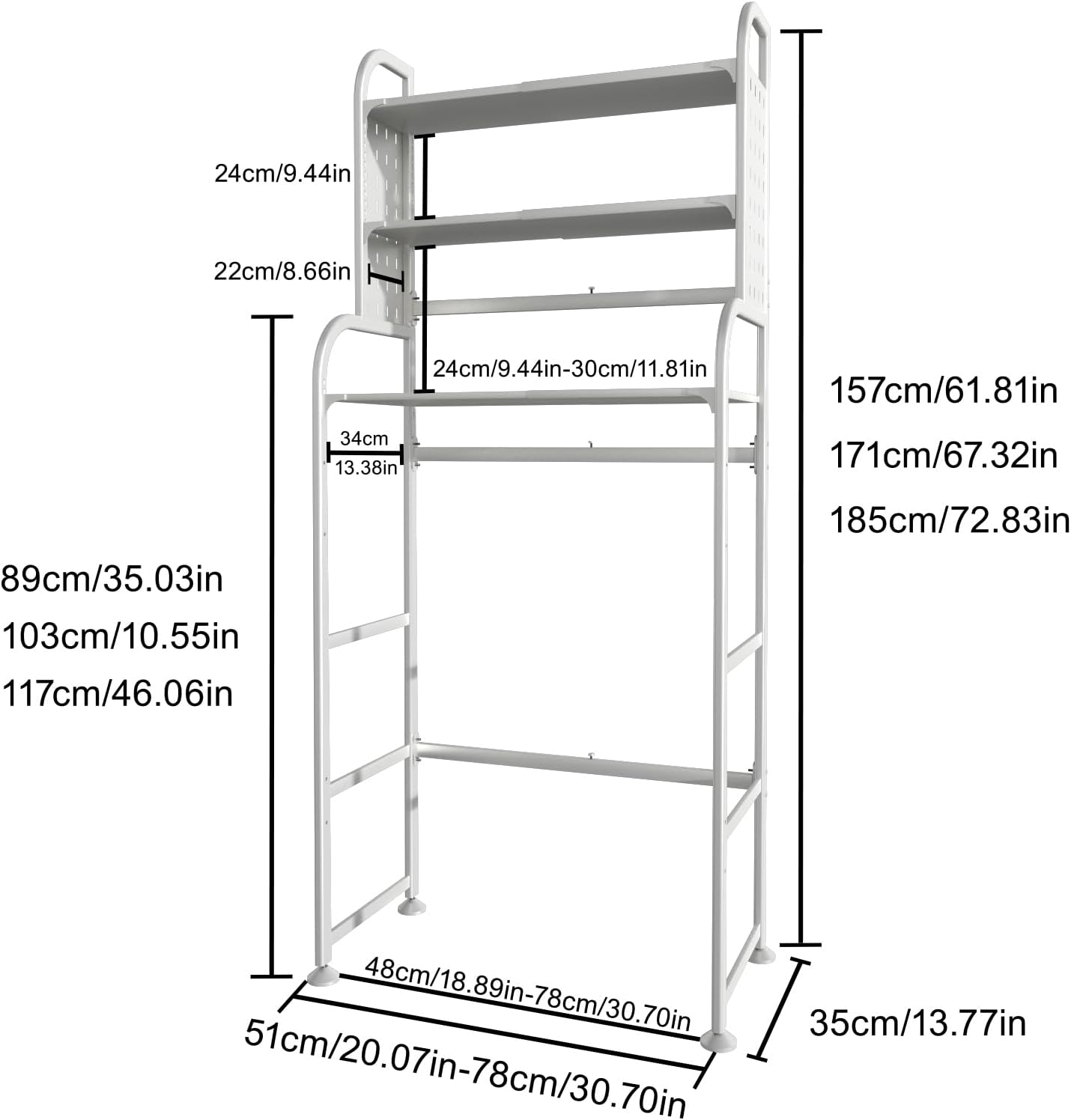 Over Washer Storage, 3 Tier Expandable Washer and Dryer rack, Laundry Room Storage Over Toilet Washing Machine and Dryer Storage Rack Bathroom Organization with Pigboard and Hook( Color : White )