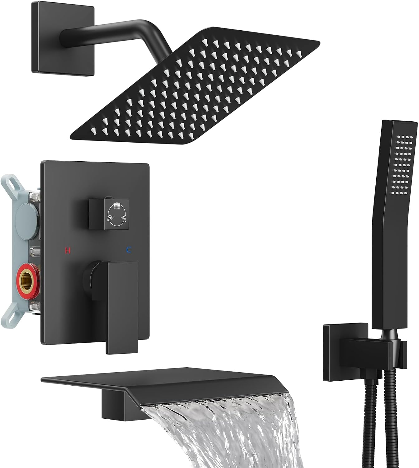 Midanya Shower System with Tub Spout,Bathtub Shower Faucet Set with Square Rainfall Head and Handheld Sprayer Wall Mount Tub Faucet Set with Valve and Trim Kit,8 Inch Matte Black